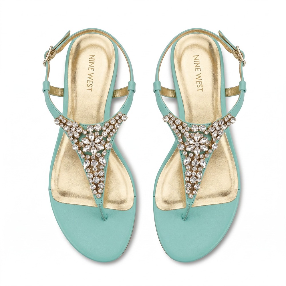 Nine West 10.5 M Mint Jeweled T-Strap Sandals Womens Boho Festival Casual